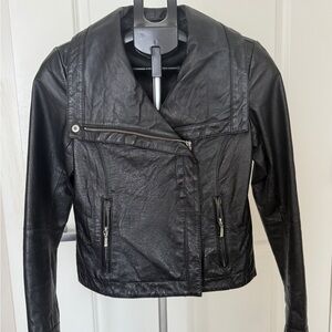Sleek Black Moto Leather Jacket with Asymmetrical Zipper, size XS